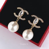 925银针双C珍珠耳环耳钉耳坠女气质时尚 精致名媛百搭高级感耳饰