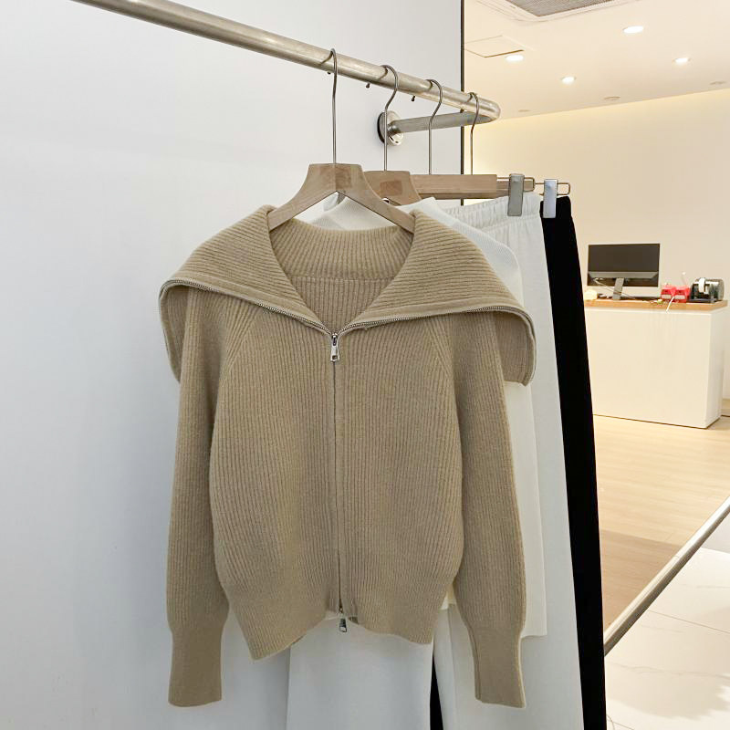 韩系双拉链设计！2025秋冬新款巨显瘦洋气减龄大翻领毛衣外套女