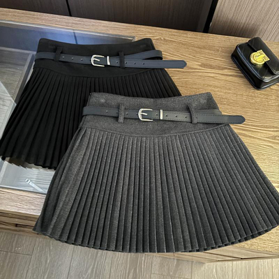 韩系学院风穿搭！配腰带~2025秋冬新款高腰显瘦a字百褶短裙女ins