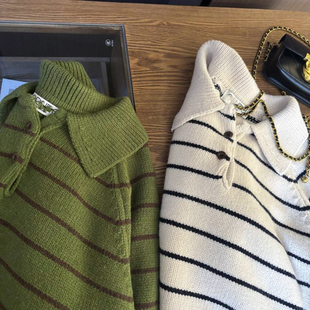 韩系氛围感条纹穿搭！2025秋冬翻领半纽扣设计百搭显瘦针织毛衣女