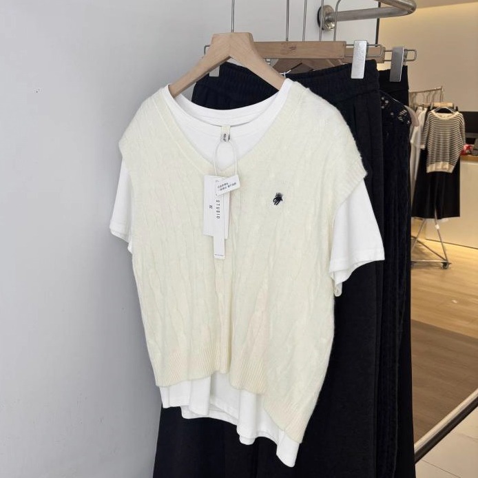 @秋季极简叠穿马甲！韩系小众刺绣麻花显瘦百搭针织背心女