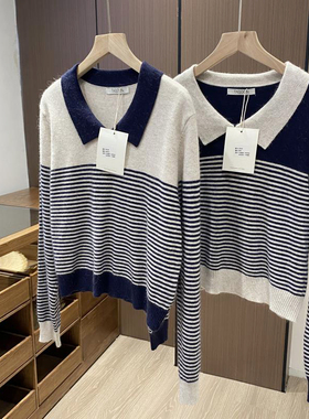 韩系小众！IMISS家~2025春款polo领撞色条纹兔绒针织衫女