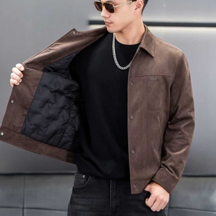 高端翻领鹿皮绒男士加厚羽绒服夹克冬新品时尚韩版修身休闲外套男