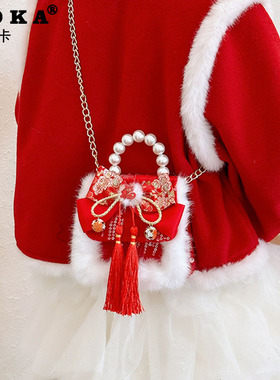 红色春节儿童拜年包包手提公主风斜挎毛绒零钱包送小女孩新年礼物