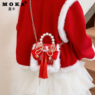 红色春节儿童拜年包包手提公主风斜挎毛绒零钱包送小女孩新年礼物