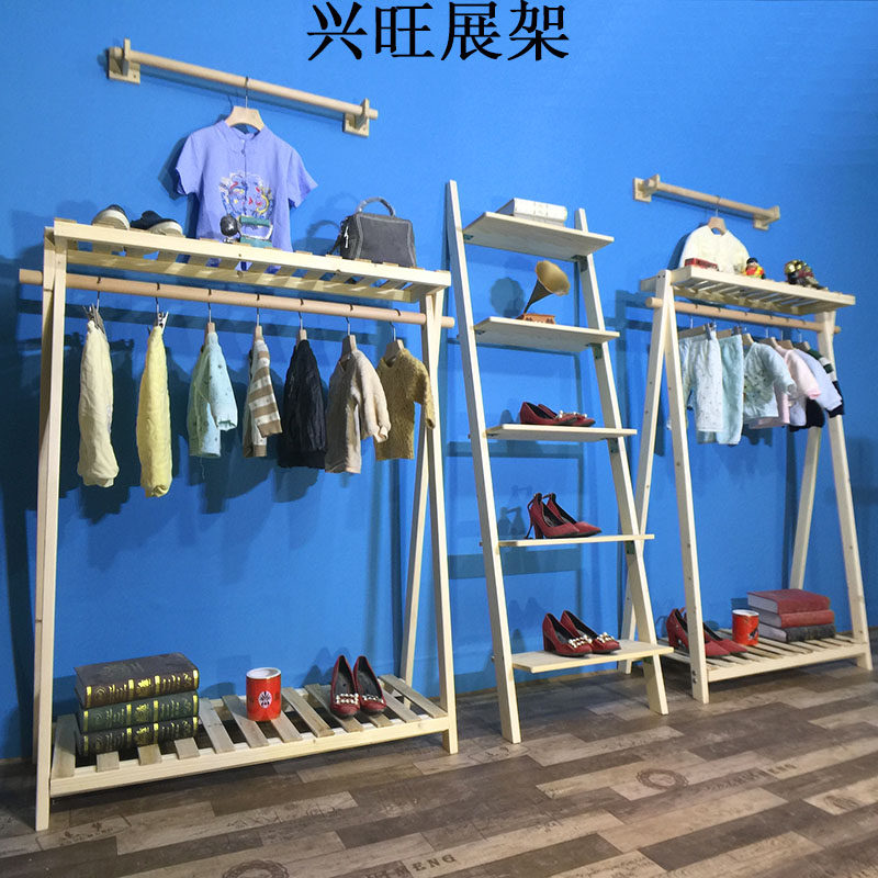复古服装店衣帽展示架落地式双层实木挂衣架女装店货架中岛陈列架
