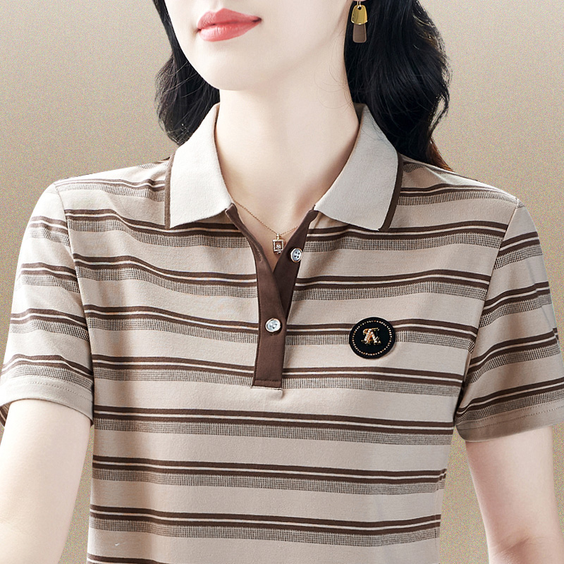 高级条纹短袖女夏装洋气t恤纯棉宽松妈妈polo衫百搭品牌上衣翻领