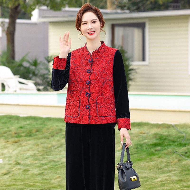 新中式国风妈妈装红色金丝绒马甲外套中老年女装本命年套装