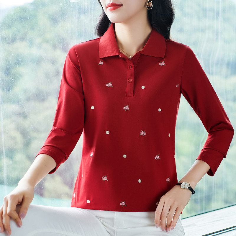 纯棉长袖t恤polo衫女2026春秋新款刺绣洋气妈妈宽松显瘦翻领T上衣