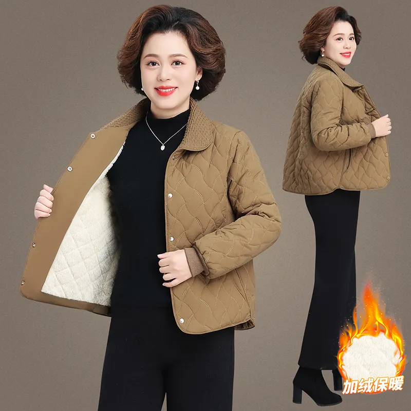 中老年女菱格加绒短款棉服