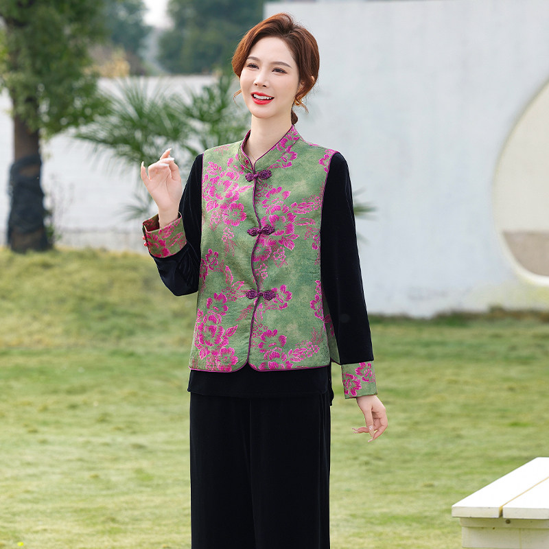 新中式妈妈春装金丝绒两件套中老年女印花马甲休闲套装