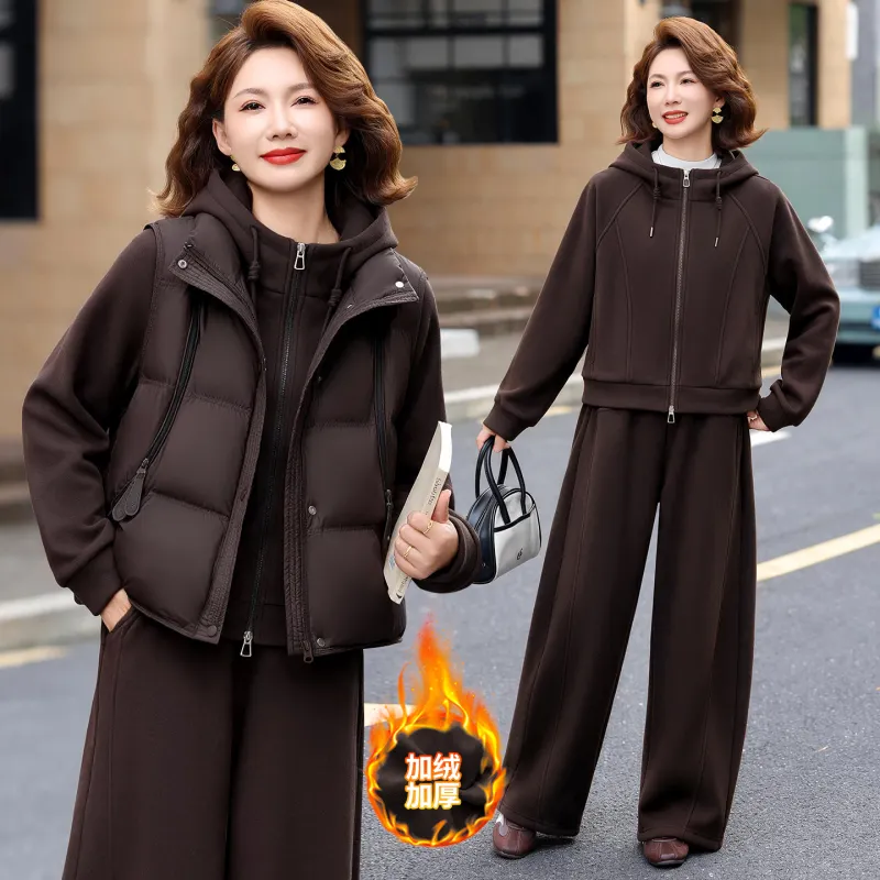 冬季加厚保暖连帽卫衣三件套女