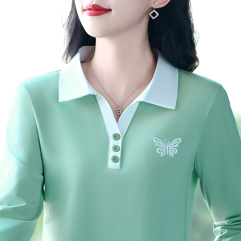 纯棉长袖女春秋2026新款减龄妈妈t恤宽松休闲polo衫绣花上衣翻领