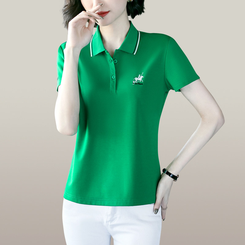 草绿翻领短袖女士t恤夏季2026新款宽松减龄中老年妈妈透气polo衫