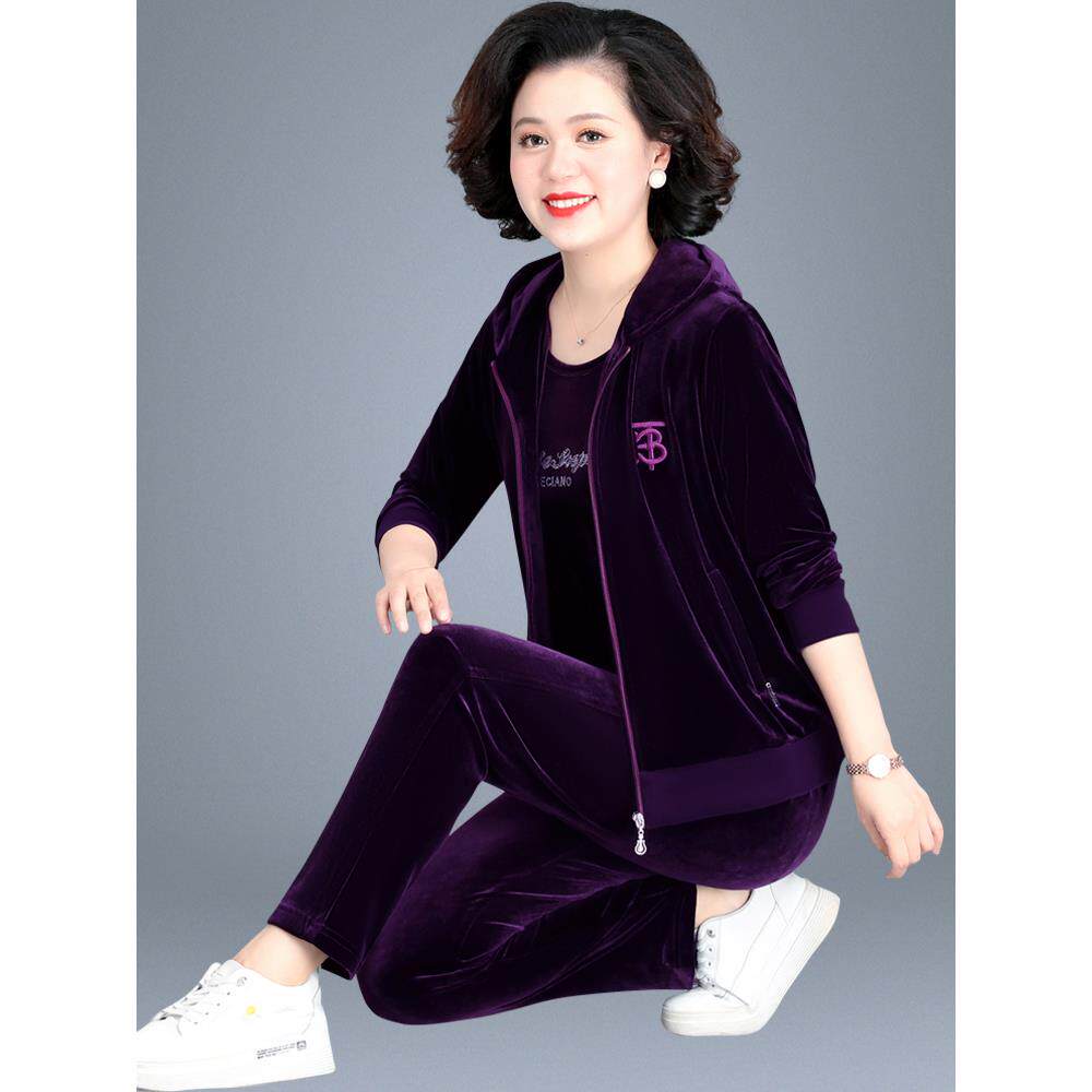 春季中老年女装金丝绒套装女连帽外套中年人妈妈洋气春秋装三件套
