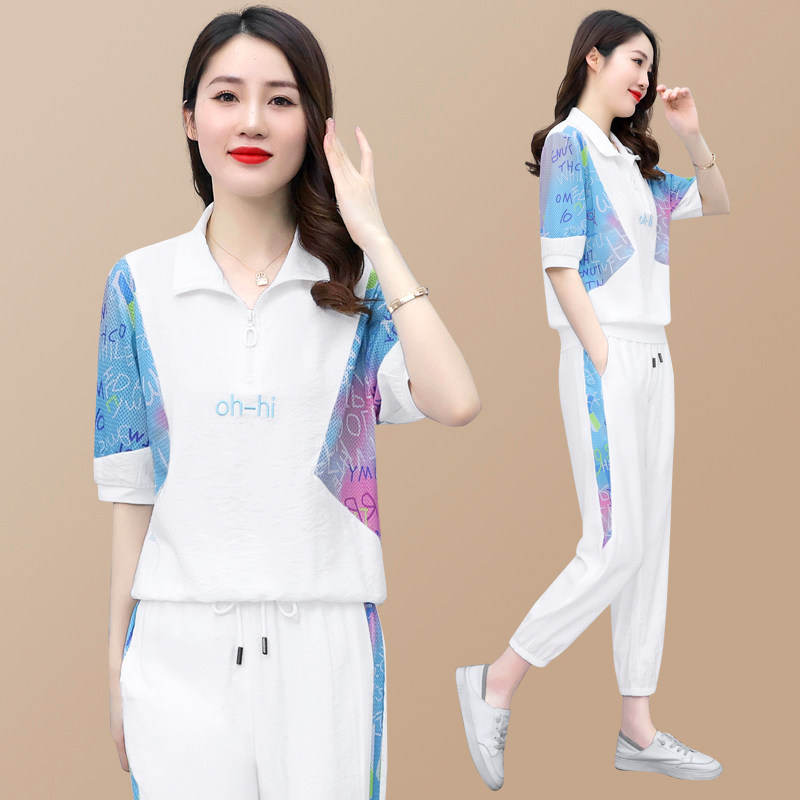 运动套装女2026夏季新款时尚中长袖欧货冰丝减龄薄款休闲服两件套