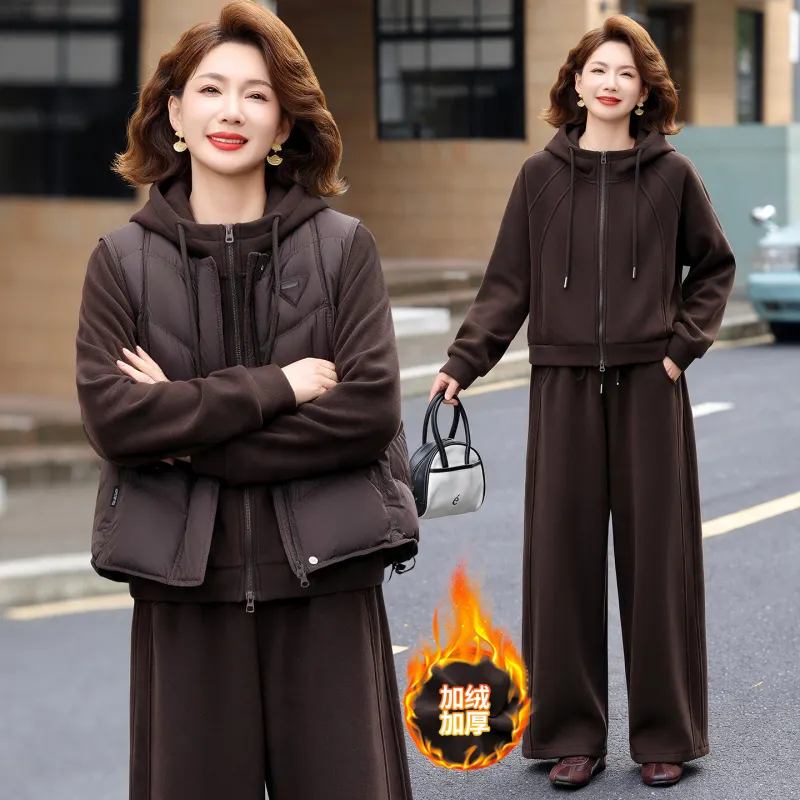 冬季加厚连帽拉链卫衣女三件套