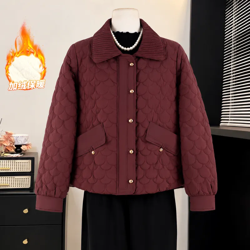 冬季酒红菱格加绒保暖短款棉服