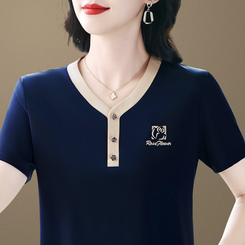冰丝短袖t恤女夏季2026新款时尚洋气妈妈减龄显瘦v领休闲百搭上衣