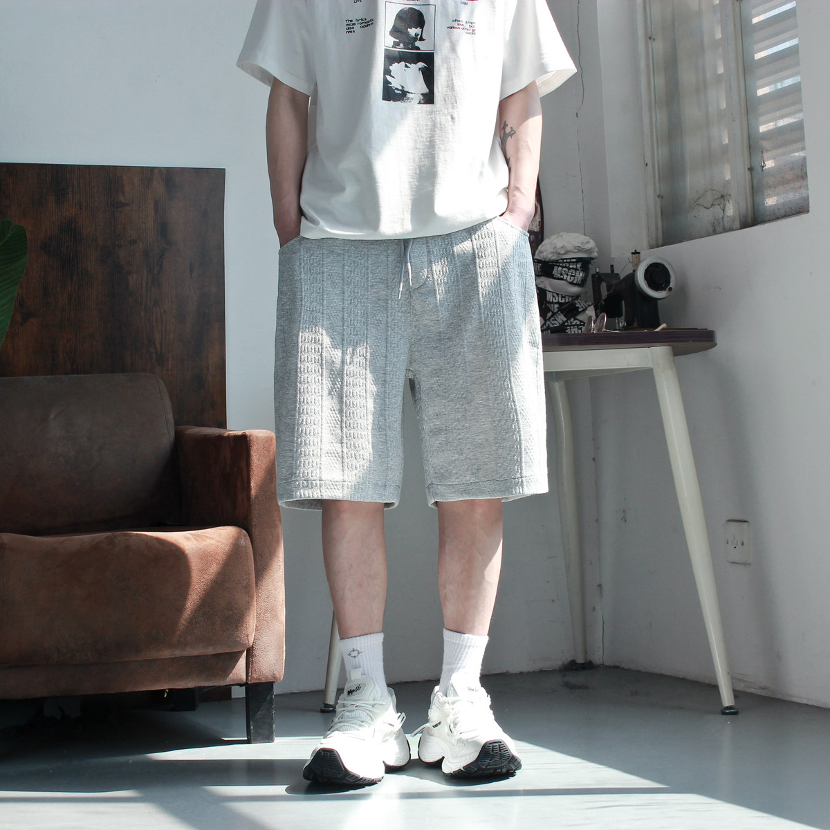 阿爆先生夏季针织宽松五分短裤男松紧卫裤休闲质感短裤直筒运动裤,男装,短裤,淘宝优惠券,粉丝福利购,淘宝优惠卷