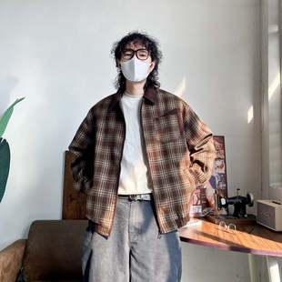 阿爆先生美式复古格子长袖夹克外套男fitcheck宽松休闲轻熟风夹克