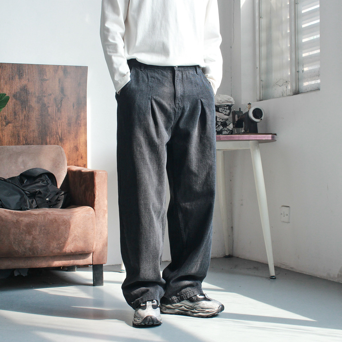 阿爆先生廓形捏折条纹牛仔裤男美式复古春装宽松直筒长裤痞帅裤子,男装,牛仔裤,淘宝优惠券,粉丝福利购,淘宝优惠卷