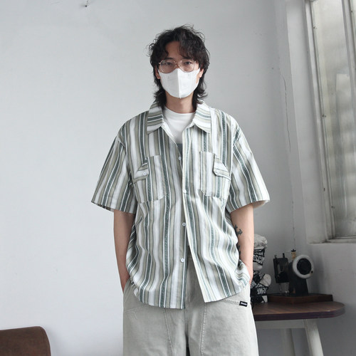 日系复古条纹短袖衬衫