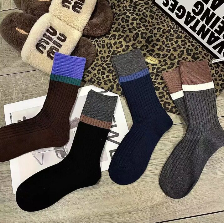 高品质韩系复古风撞色无骨条纹中筒堆堆袜女秋冬东大门拼色长筒袜