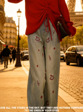 【冰山红焰】裤子 浅蓝做旧红唇印花日常百搭MF23227款105cm1020g