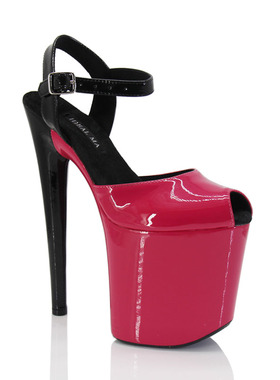 新款15/17/20厘米钢管舞超高跟鞋网红拼色漆皮模特舞台走秀凉鞋