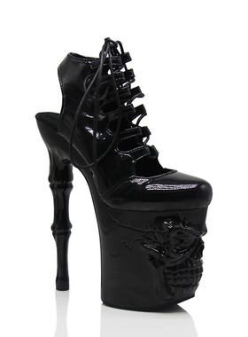 20公分钢管舞鞋骷髅黑烤漆超高跟踝靴罗马款舞台模特表演走秀凉靴