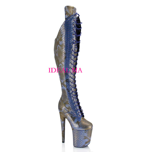 18cm20厘米钢管舞高跟鞋过膝靴舞台表演模特走秀蛇纹蓝长筒靴