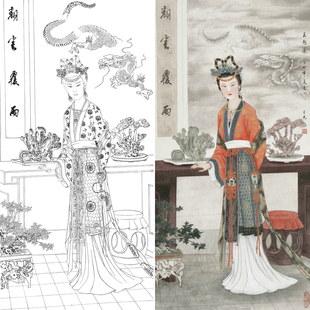 红楼梦金陵十二钗高清工笔画仕女人物白描底稿实物打印稿勾线练习