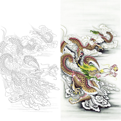 白描底稿工笔龙图案线描