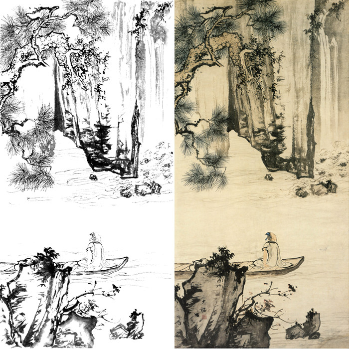 四尺六尺山水画白描底稿工笔画国画线描画谱临摹勾线练习打印画稿