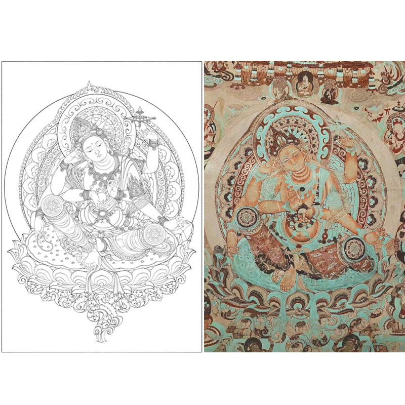敦煌壁画佛像白描底稿如意轮观音国画工笔临摹勾线练习打印画稿子
