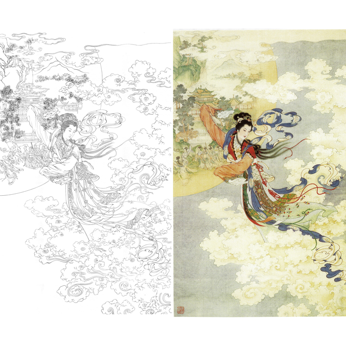 嫦娥奔月工笔画白描底稿实物可上色大尺寸勾线练习打印稿国画人物