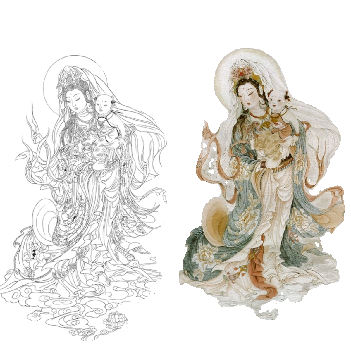 工笔画送子观音白描底稿人像国画线描图临摹勾线练习宣纸打印画稿