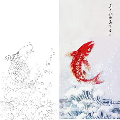鲤鱼跳龙门国画工笔画鲤鱼图