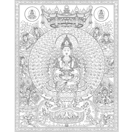 工笔画打印白描底稿千钵文殊壁画佛像高清大图可临摹描金打印稿子