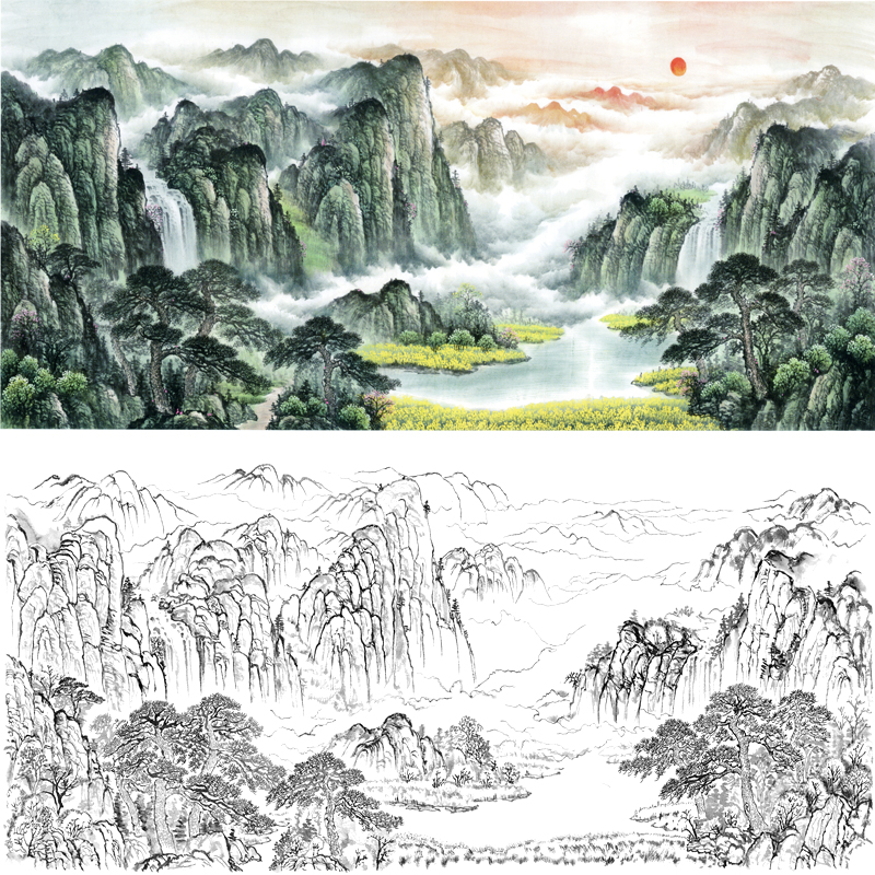 山水画青绿山水国画工笔白描稿