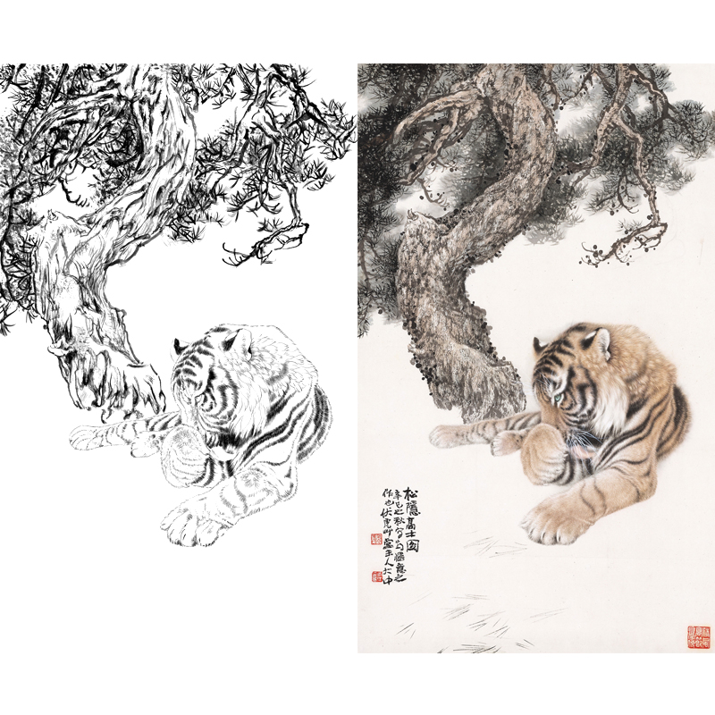 国画工笔老虎动物花鸟猛兽禽工笔画白描底稿纸质实物打印稿可上色