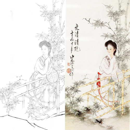 白描底稿王叔晖仕女人物图