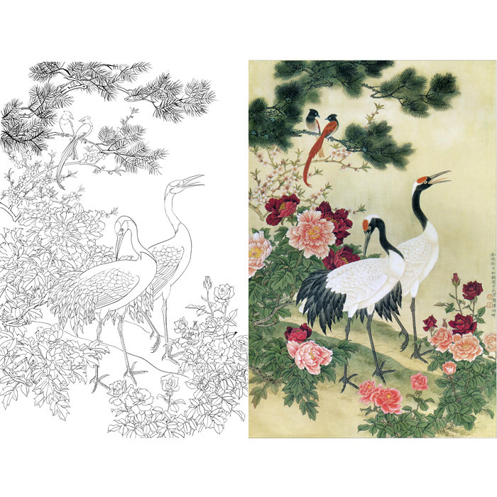 工笔画白描底稿仙鹤松树国画松鹤延年临摹勾线练习打印稿线描稿子