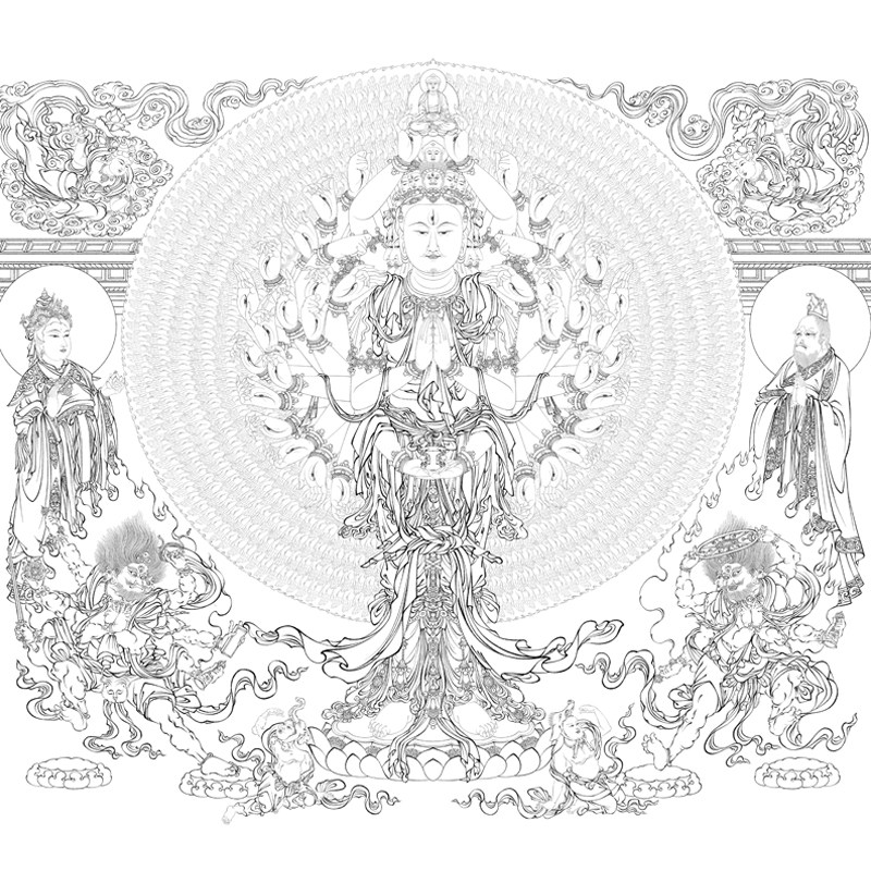 高清敦煌佛像人物千手千眼观音菩萨工笔画打印白描底稿勾线练习稿,家居饰品,国画,淘宝优惠券,粉丝福利购,淘宝优惠卷