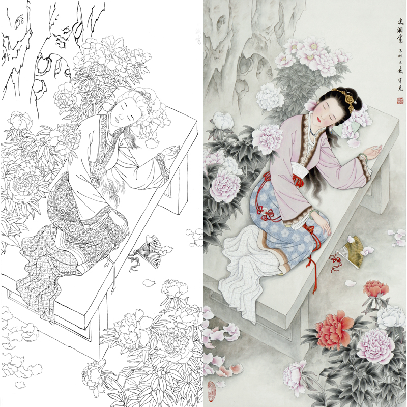 金陵十二钗工笔画白描线描底稿古代仕女人物画稿临摹打印稿可上色