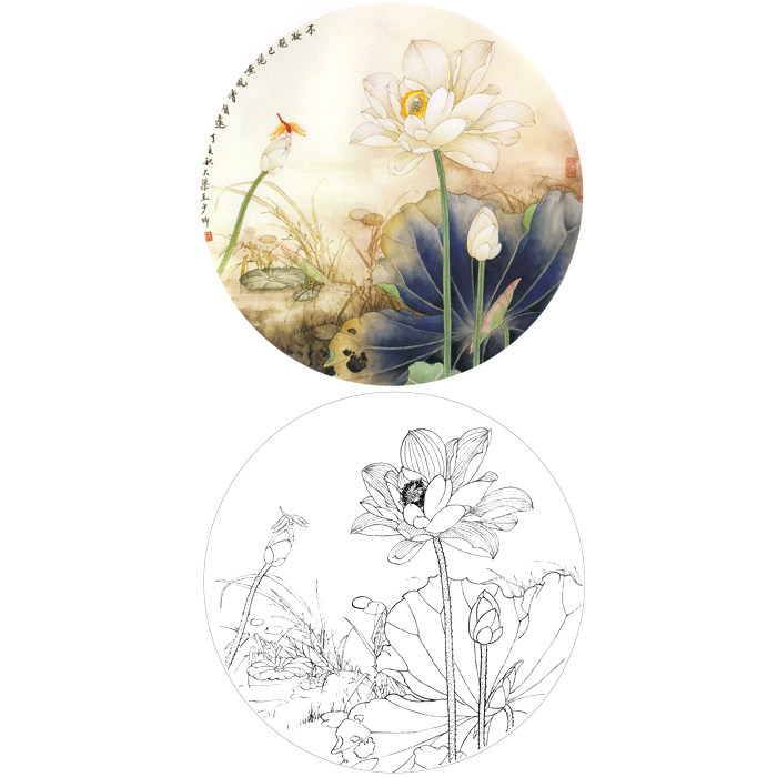工笔画荷花团扇小品白描底稿国画花鸟线描稿临摹勾线练习打印稿画
