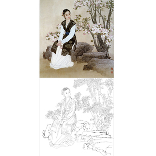 工笔画人物仕女图白描底稿国画线描斗方小品画临摹勾线练习打印稿