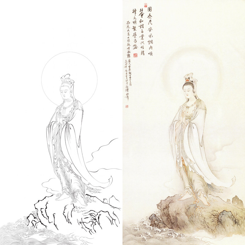 工笔画白描底稿国画观音人像线描底稿临摹勾线练习宣纸打印画稿子