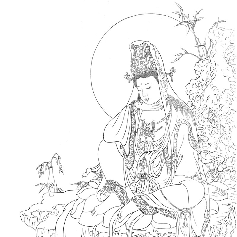 工笔画白描底稿观音人像水月观音国画临摹线描勾线练习佛画打印稿